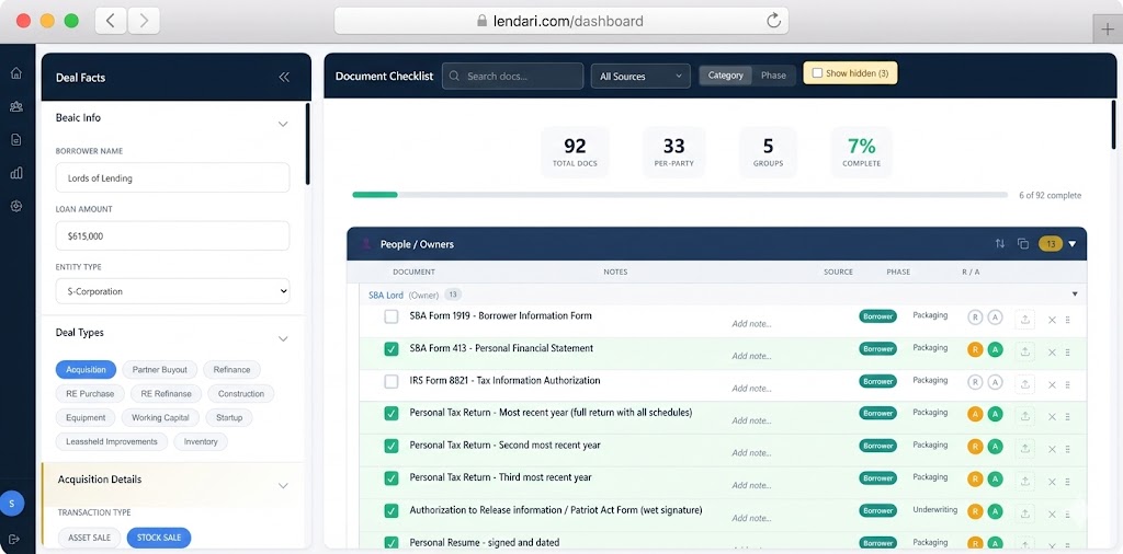 Lendari Dashboard - SBA Document Checklist Generator